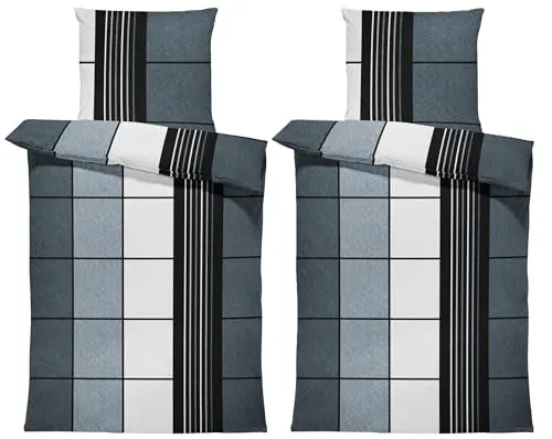 Produktbild Winter Bettwäsche Thermo Fleece Kuschelig Warme Bettbezüge Flauschig Warm Weich, Größe:4 teilig 155x220 cm, Farbe:Kariert grau schwarz