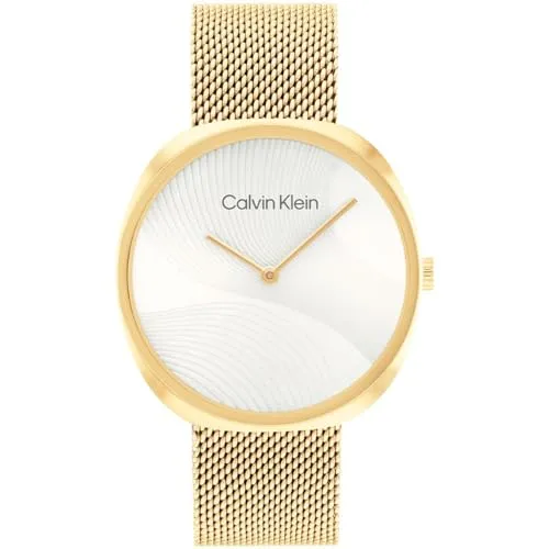 Calvin Klein Sculpt Damen Analog Quarzuhr - Elegante Armbanduhr für Damen mit mattsilbernem Zifferblatt und goldgelbem Edelstahl-Mesh-Armband, wasserabweisend bis 3 bar – ideal für den Alltag.