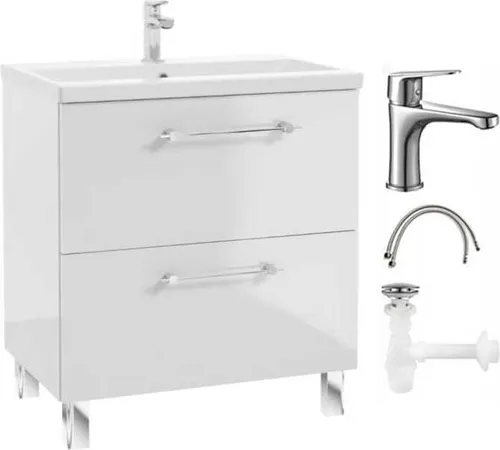 Badezimmerschrank-Set mit Waschtischarmatur und Siphon 80cm Stehend weiß glänzend Cassandra