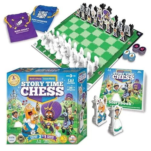 Story Time Chess - Anfängergeschichte und Charakter pädagogisches Schachspiel – ab 3 Jahren – doppelseitige Teile, 30 Mini-Spiele