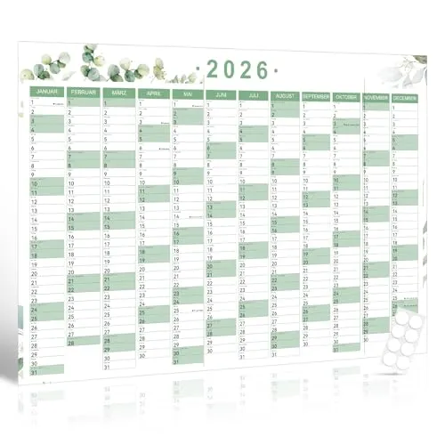 Wandkalender 2026 Groß – Din A1 (84,1 x 59,4 cm) – Jahresplaner laminiert mit 8 Aufklebern, Faltverpackung, Wandplaner Jahresübersicht für Büro, Schule & Zuhause, Eukalyptusgrün