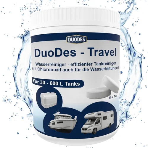 DuoDes Travel Wassertank Reiniger Tabletten – Hygienische Wasserpflege für Wohnmobile - Effektive Tankreinigung für 30–600 L Tanks: Entfernt Bakterien, Biofilm und Gerüche, damit Sie unterwegs stets hygienisches Wasser genießen können!