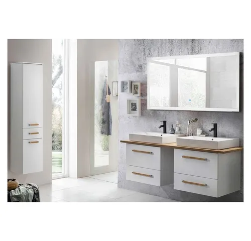 Lomadox Badmöbel-Set Dabo-04, 3-teilig in Weiß - Stilvolles Badezimmer-Set mit 3 Teilen, melaminharzbeschichtet für Langlebigkeit. Maße: 210x50x200 cm, ideal für moderne Badezimmer. Lieferung erfolgt ohne Dekoration, Armatur separat erhältlich.