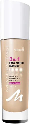 Manhattan 3in1 Easy Match Make-up Rose Beige 36 - Flüssige Foundation für gebräunte Haut mit LSF 20, bietet mittlere Deckkraft und 24h Feuchtigkeit für einen natürlichen, ebenmäßigen Look - ideal für ein makelloses Foto-Finish.