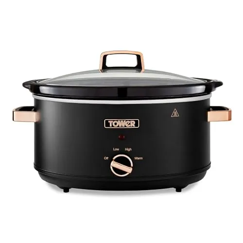 Tower T16043BLK Cavaletto 6,5 Liter Schongarer mit 3 Wärmestufen, Cool-Touch-Griffe, Schwarz und Roségold