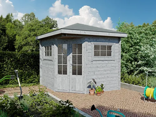 Fjordholz 5-Eck Gartenhaus Modell Evelyn 2A - Massives 5-Eck Gartenhaus aus 28mm nordischer Fichte, ideal für Gartenliebhaber. Mit hochwertiger Doppeltür und Einzelfenstern, perfekt für vielseitige Nutzung im Freien.