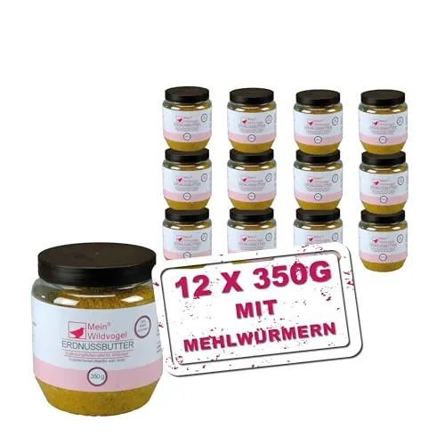 MeinWildvogel Erdnussbutter mit Mehlwürmern 12 x 350g - Vogelfutter, nährstoffreiches Fettfutter mit Sonnenblumenkerne, ideal für Wildvögel ganzjährig, ohne Gentechnik und Zusatzstoffe.