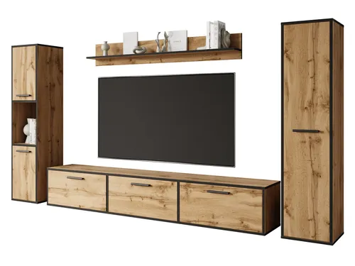 MIRJAN24 Wohnwand Bogota XL - modernes Wohnzimmer-Set - Elegante Wohnwand Bogota XL in Wotan Eiche und schwarzem Graphit, ideal für stilvolle Wohnzimmer. Mit großzügigem TV-Lowboard und praktischen Hochschränken.
