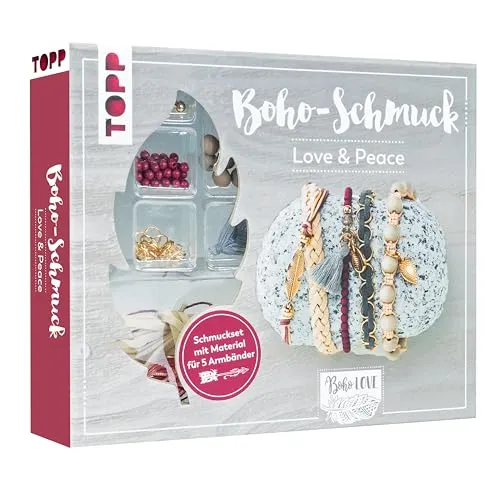 Produktbild Boho-Schmuckset Love & Peace (Dunkelrot/Grau): Anleitung und Material für 5 Armbänder im Boho Look zum Selbermachen. Bänder, Biegeringe, Perlen und Anhänger. Nickelfrei