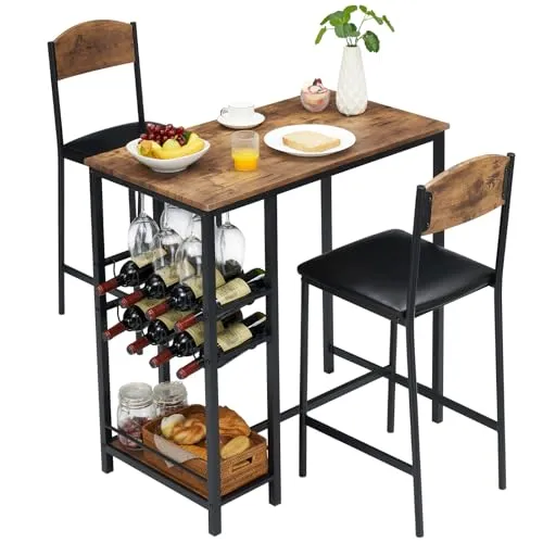 Garvee Bartisch Set 3-Teilig, Tresentisch Mit 2 Barhocker, Esstisch Mit 1 Ablagen & 2-Stufigem Weinregal & Glashalter, Essgruppe 2 Personen Industriedesign, Vintagebraun