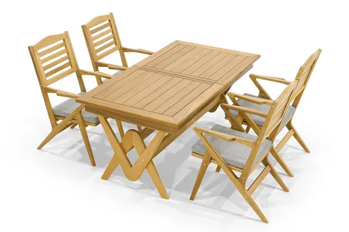 Robuste Garten Garnitur 5tlg mit Esstisch und 4 Holzstühlen - 5-teiliges Set mit einem ausziehbaren Esstisch und 4 komfortablen Stühlen. Ideal für Terrasse und Balkon, modernes Design in natürlichem Holz, bietet Platz für 4 Personen.