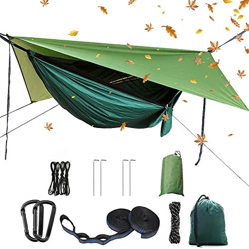 YCD Camping Hängematten Set, Einzel Doppel Hängematte, Moskitonetz, Insektennetz, Regenfliege, hochfestes Fallschirm Stoff Hängebett. Geeignet für Outdoor, Wandern, Camping, Reisen