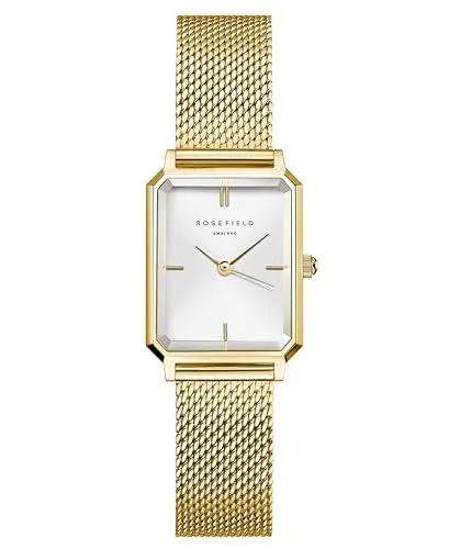 ROSEFIELD Quarzuhr Octagon XS Mesh Goldfarben - Elegante Armbanduhr für Frauen mit präzisem japanischen Quarzwerk und stilvollem achteckigem Gehäuse. Das vergoldete Edelstahl-Milanaise-Armband sorgt für einen luxuriösen Look.