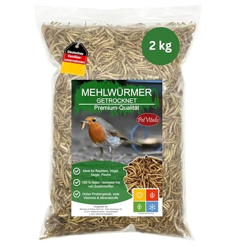 Getrocknete Mehlwürmer 2 kg – Proteinreicher Snack für Wildvögel und Nager - Hochwertige getrocknete Mehlwürmer als Ergänzung zum Futter für Wildvögel, Igel, Eichhörnchen und Nager. Ideal für eine artgerechte Ernährung, ganzjährig einsetzbar und ohne künstliche Zusätze.