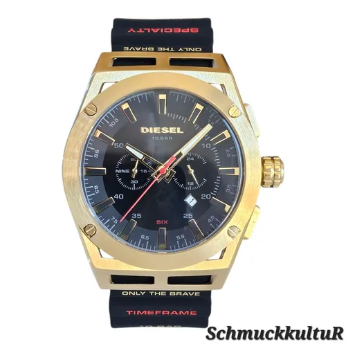 Diesel Uhr DZ4546 Chronograph Timeframe - Herren Armbanduhr mit Chronograph, 100 m wasserdicht und stilvollem Silikonarmband in Schwarz und goldfarbenem Gehäuse – perfekt für jeden Anlass!