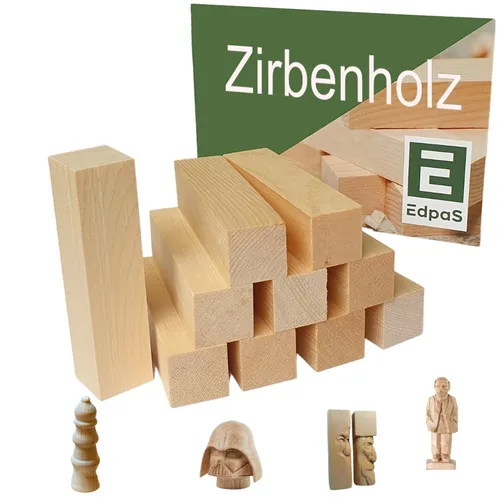 Edpas Schnitzholz Zirbe - 10 Stück Holzblock für kreative Projekte - Schnitz- & Drechselholz aus hochwertigem Zirbenholz, gehobelt und ideal zum Schnitzen und Drechseln, in praktischer 10er-Packung.