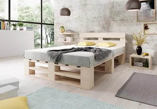 Lermowood Palettenbett M2 aus Holz 180 x 200 cm Natur mit Kopfteil Holzbett 40cm Stabiles Seniorenbett Kinderbett Jugendbett Gästebett erhöhtes Einzelbett Bettgestell Futonbett Komforthöhe Naturholz