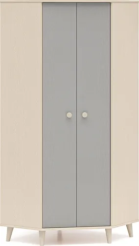Eckschrank Kleiderschrank Mevel 80x80x190cm – Farbe wählbar - Moderner Eckschrank Mevel für das Kinderzimmer. Mit 2 Türen, Soft-Close-Funktion und 4 Böden bietet er viel Stauraum. Erhältlich in Wüstensand/Palladiumgrau oder Wüstensand/Millennial Pink.