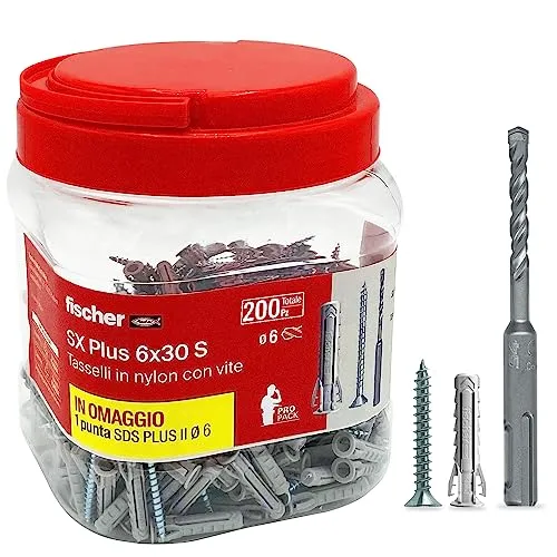 fischer Propack SX Plus 6 S, 200 Dübel 6 x 30 mit Schraube + Bohrer SDS 6 mm, wiederverwendbar, zur Befestigung auf Beton und Mauerwerk 570206