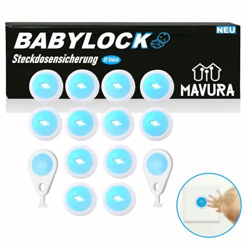 BABYLOCK Baby Steckdosensicherung Kinderschutz Steckdosenkappe - Steckdosensicherungen für Kinder, wiederverwendbar und ideal für Reisen. Hochwertige Qualität, universell für deutsche und österreichische Steckdosen geeignet. XXL Set mit 12 Sicherungen und Schlüsseln.