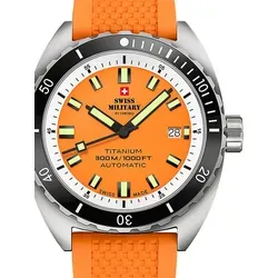 Swiss Military Diver Titanium Automatik Herrenuhr 42mm - Orange - Sportliche Herrenuhr mit 30 ATM Wasserdichtigkeit, Automatikwerk und strapazierfähigem Titan-Gehäuse für Abenteuer und Alltag.