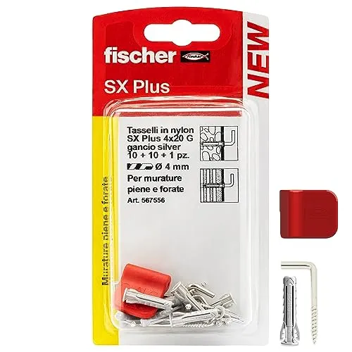 Fischer 10 Haken zum Aufhängen von Bildern Silber mit 4 mm Dübeln und Befestigungsclips, saubere Montage an der Wand für schwere Bilderrahmen, 567556