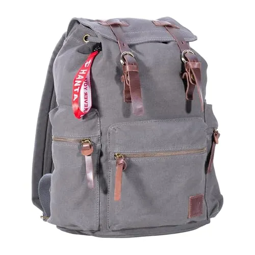 Hanta Nature Rucksack Canvas 20L, Wanderrucksack aus Canvas-Stoff für Outdoor-Ausflüge, Camping, Alltag oder Schule für Damen und Herren mit Lederriemen und Reißverschlüssen - Grau