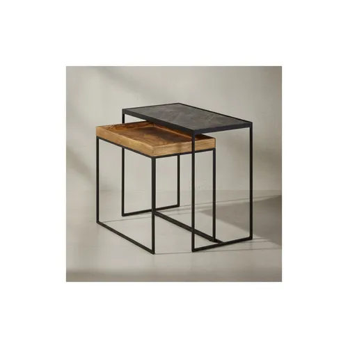 Industrielles Beistelltisch Set aus Mango Massivholz und Eisen - Stylisches Couchtisch-Set im Industrial Design, gefertigt aus robustem Mango Massivholz und pulverbeschichtetem Eisen. Ideal für Wohnzimmer, Maße: 60x30x50 cm.