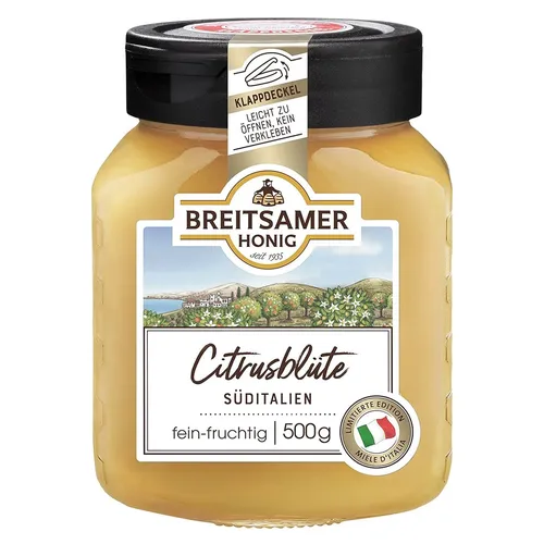 Breitsamer Honig Citrusblüte 500g - Brotaufstrich aus Süditalien, streichzarter Citrusblütenhonig mit fein-fruchtigem Geschmack – ein aromatisches Geschmackserlebnis für Honigliebhaber.