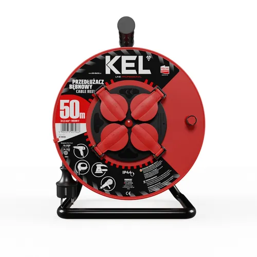 Kabeltrommel 50m mit 4× 230 V Schuko Steckdosen - Professionelle Kabeltrommel für Werkstatt und Baustelle, mit robustem Gehäuse und einfacher Kabelaufwicklung – die perfekte Lösung für hohe Leistung und anspruchsvolle Einsatzbedingungen.