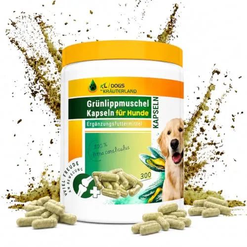 Kräuterland neuseeländische Grünlippmuschel Kapseln für Hund, 300 Stück | Hochdosiert, 100% naturrein & ohne jegliche Zusatzstoffe, 2000mg pro Tagesdosis, Glycosaminoglykanen, hoher Bioverfügbarkeit