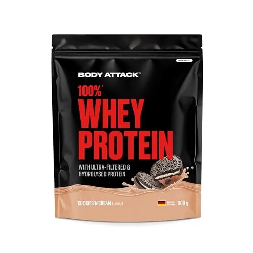 Body Attack 100% Whey Protein Cookies n Cream - 900g - Sportnahrung mit hohem Proteingehalt, ideal zum Muskelaufbau und zur Regeneration. Leckerer Geschmack von Cookies n Cream.