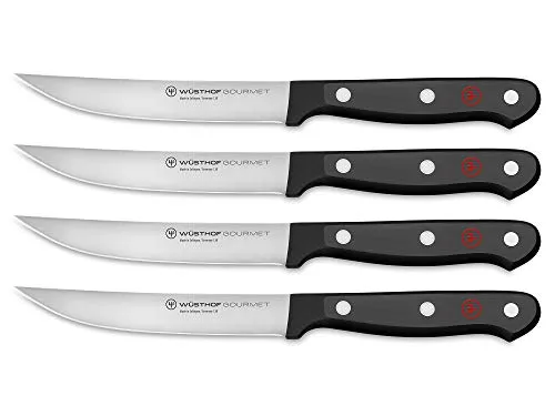 WÜSTHOF Gourmet Steakmessersatz mit 4 Messern, Rot - Küchenmessersets mit 4 ultrascharfen Steakmessern für müheloses Schneiden von Fleisch, ergonomische Griffe und spülmaschinengeeignet – ideal für BBQ und Gastronomie.