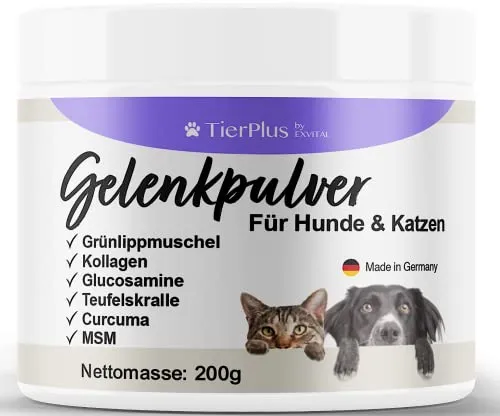 TierPlus Gelenkpulver für Hunde & Katzen - Gelenk- & Knochenschutz für Hunde, hochdosiertes Pulver mit Grünlippmuschel und weiteren wertvollen Inhaltsstoffen für mehr Bewegungsfreude und hohe Fressakzeptanz. Made in Germany.