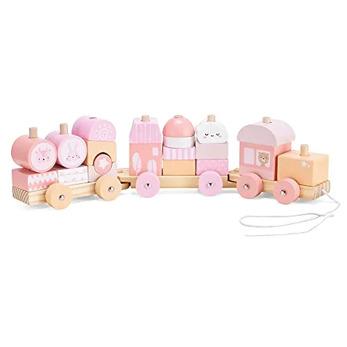 Navaris Holzzug Spielzeug - Lokomotive mit Würfel und Holzbausteinen - Züge & Straßenbahnen: Hochwertige Holzeisenbahn zum Nachziehen, die kreativ gestaltbar ist und Kinder zum Entdecken einlädt. Ideal für Spiel und Spaß im Kinderzimmer!