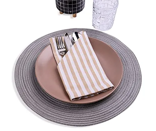 mon bijou® Stoffservietten 6er Set – Gestreift Weiß-Beige 45x45 cm – 100 % Baumwolle – Waschbare Stoff Servietten für Hochzeit, Ostern, Weihnachten, Taufe & Tischdeko – Landhausstil