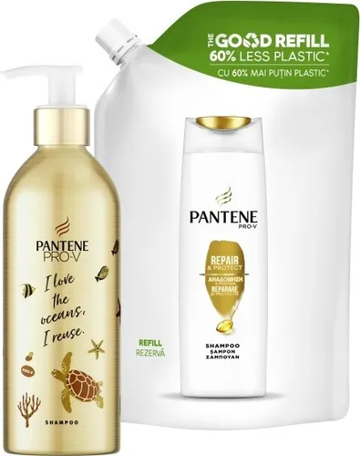Pantene Pro-V Shampoo - Repair & Care Nachfüllbare Aluminiumflasche +  Nachfüllpack -  910ml