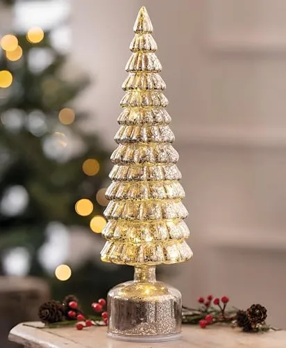 Dekoleidenschaft LED Deko Tanne aus Glas in Bauernsilber Optik, drehend, Funkelnde Weihnachtsdeko mit 20 warmweißen Lichtern, Weihnachtsfigur 40 cm hoch