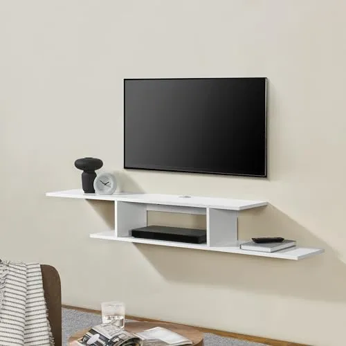 [en.casa] TV-Wandregal Støvring - Hängendes Regal mit 4 Ablagen - TV-Halterungen: Elegantes weißes Regal mit 4 Ablageflächen, unauffälligen Kabeldurchlässen und einfacher Wandmontage, belastbar bis 15 kg.