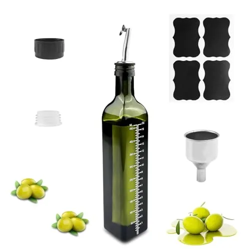 Gvolatee ölflasche glas 500ml, essig und ölspender mit ausgießer, Trichter, Anti-Schmutz Verschluss, dunkelgrün olivenöl spender, öl flaschen, ölflaschen für Küche, Grill, Pasta, Salate, Backen