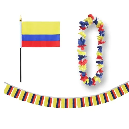 Sonia Originelli Fanset Fanartikel Fahnen Girlande Fähne für die Hand Blumenkette Hawaiikette EM WM Fussball Farbe: Kolumbien
