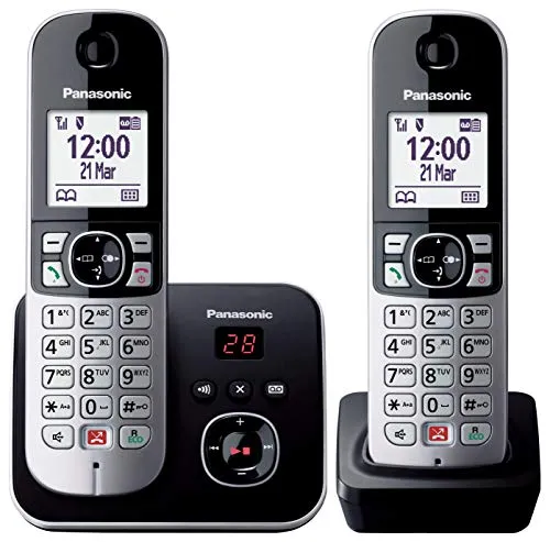 Cordless Panasonic KX-TG6862 Twin - Festnetztelefon mit Anrufbeantworter für bis zu 40 Minuten Aufnahmezeit, automatischer Anrufer-ID und praktischer Anrufsperre für unerwünschte Anrufe.