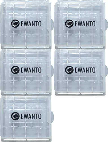 5X EWANTO Batteriebox/Akkubox zu Aufbewahrung von 4 STK. Mignon (AA) oder Micro (AAA) Batterien und Akkus transparent mit Logo