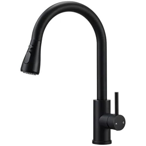 Wasserhahn Küche mit Brause Ausziehbar, Schwarz Hochdruck Küchenarmatur mit 3 Sprühfunktionen, Armatur aus SUS304 Edelstahl, 360° Drehung Mischbatterie, Spültischarmatur für Küchespüle, matt