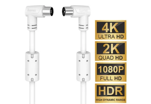 Hama 10m 90° Antennen-Kabel 90db Koaxial-Kabel Weiß Video-Kabel, Koaxial, Koaxial (1000 cm), Koax-Kabel Full HD TV 4K UHD HD+ HDR 90db Filter Gewinkelte Stecker