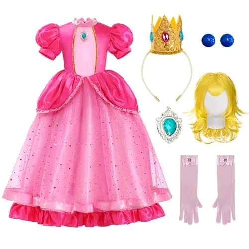 Spooktacular Creations 5-teiliges Prinzessinnenkleid für Mädchen, rosa Pfirsichkostüm mit Perücke, rosa Outfits für Mädchen, Kinder, Kleinkindgeburtstag, Cosplay, Halloweenparty(Groß (10-12 Jahre))