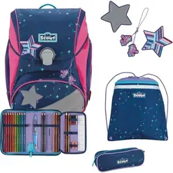 SCOUT Alpha Set 4-teilig Pretty Star - Schulranzen mit fluoreszierenden und reflektierenden Elementen für optimale Sichtbarkeit. Ideal für Grundschüler, um sicher zur Schule zu gehen. Maße: 28 x 40 x 17 cm.