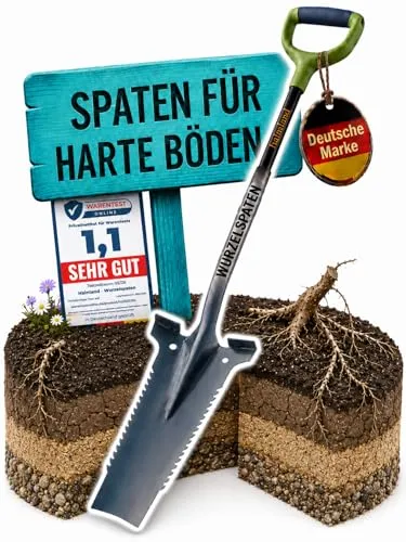 halmland® Profi Wurzelspaten mit Wurzelsäge – Robuster Garten-Spaten aus Carbonstahl - Ergonomischer Wurzelspaten mit scharfer Sägezahnkante für präzises Arbeiten in harten Böden. Langlebiger Carbonstahl und Fiberglasstiel sorgen für komfortable Handhabung bei der Gartenarbeit.