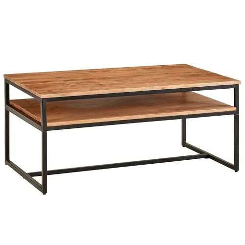 FineBuy Couchtisch 100x60x45 cm Holz Massiv - Couchtisch im modernen Industrial-Stil aus massivem Akazienholz, mit zwei praktischen Ablageflächen für Snacks und Zeitschriften.
