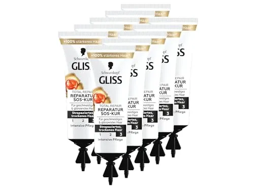 Gliss SOS-Intensiv-Kur Total Repair (10x 15 ml), Haarkur mit Keratin für intensive Reparatur und Pflege, wirkt schon nach 1 Minute Einwirkzeit